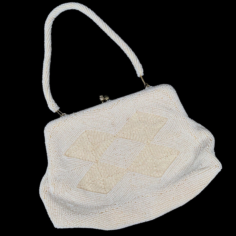 Vintage Richere Beaded Handbag Women White Geometric Hand Made Japan Purse 60s